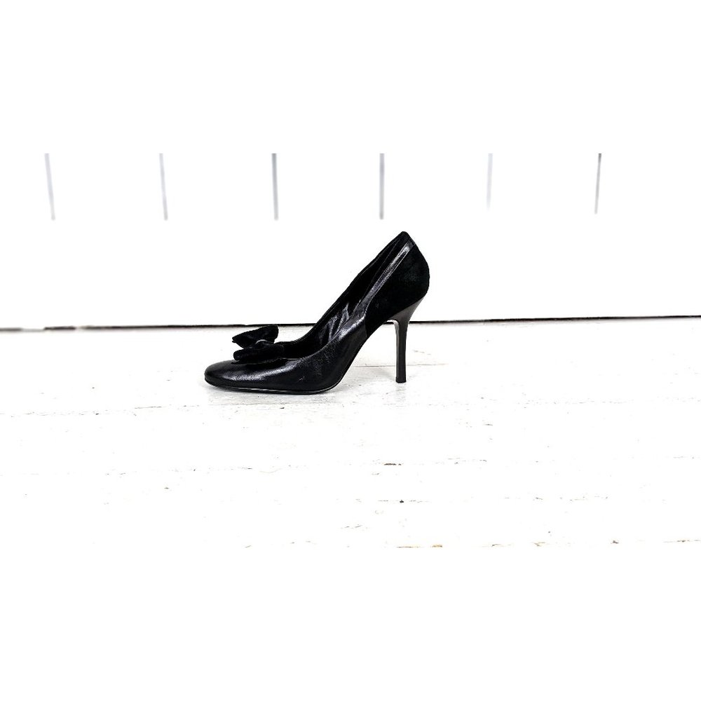 Nine West black leather suede bow round toe high heel stiletto pumps